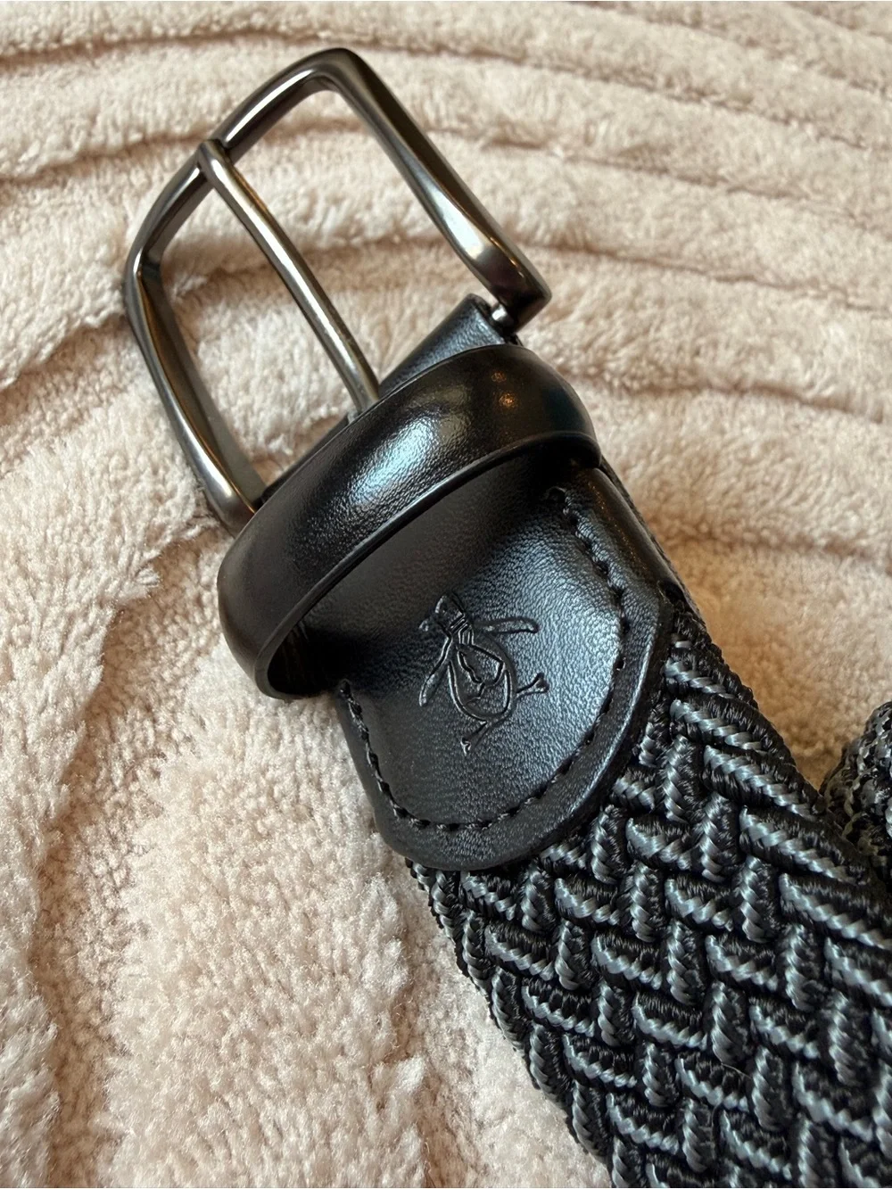Original Penguin Black Braided Elastic Belt with Leather Trim